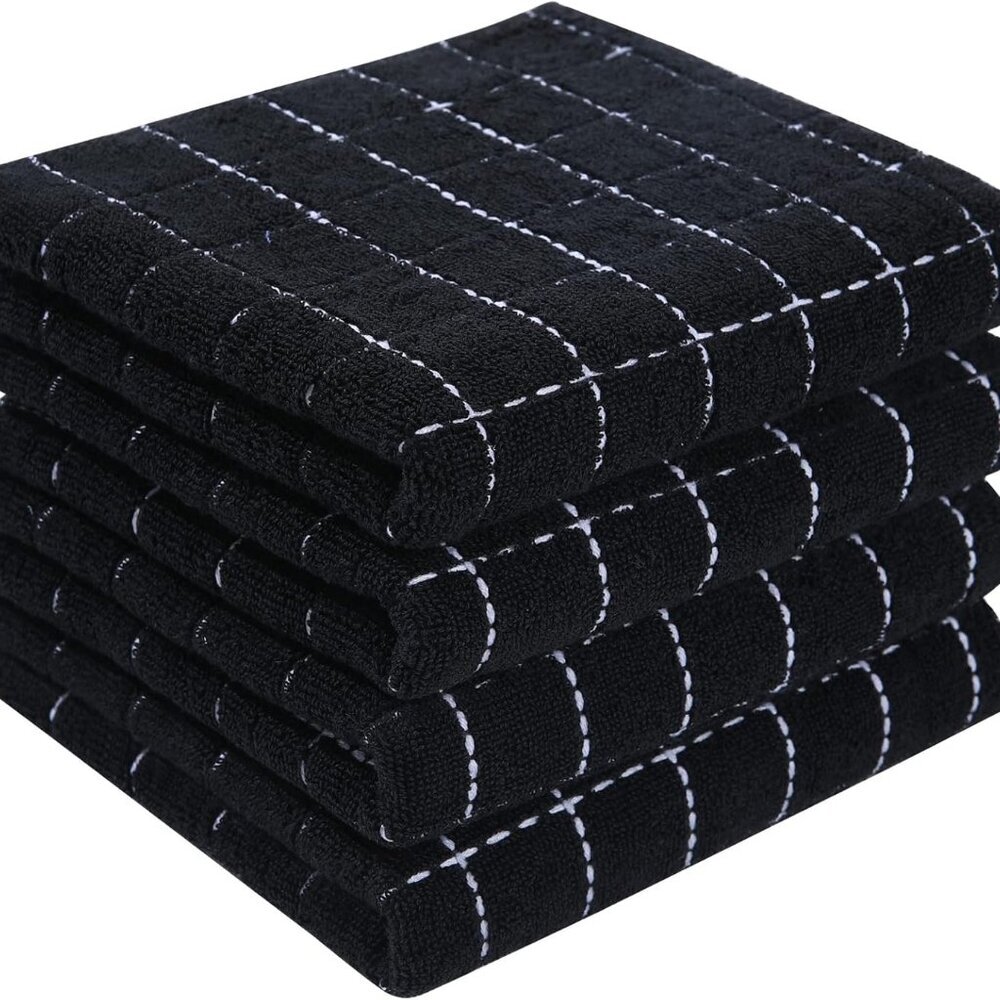 100% Cotton Terry Kitchen TowelsBlack, 13 x 28 inches, Checkered Designed, Soft